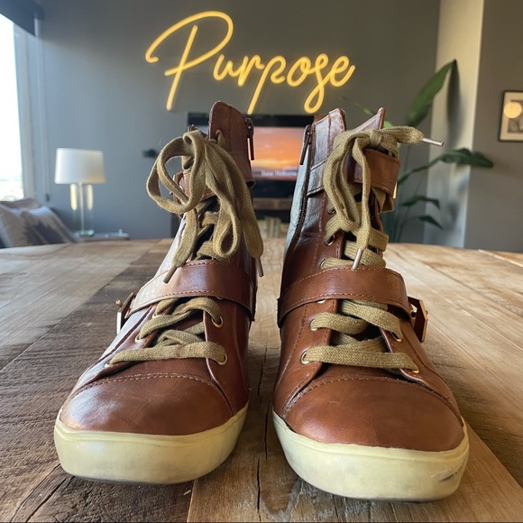 Cognac Vegan Leather Brown High Heel Sneakers - Picture 2 of 6